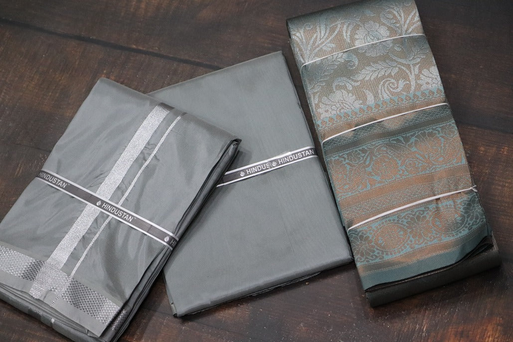 Raja Rani Artsilk Steel Grey Shirt Material+50k Silver Border & Saree Combo