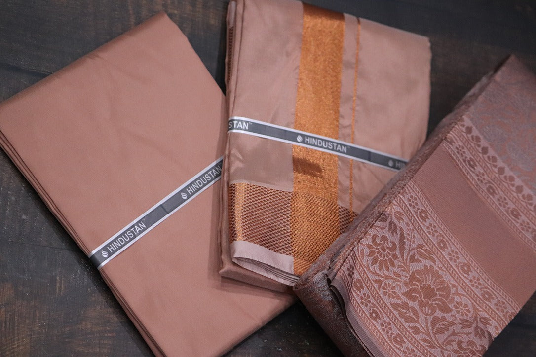 Raja Rani Artsilk Copper Shirt Material+100k Copper Border & Saree Combo