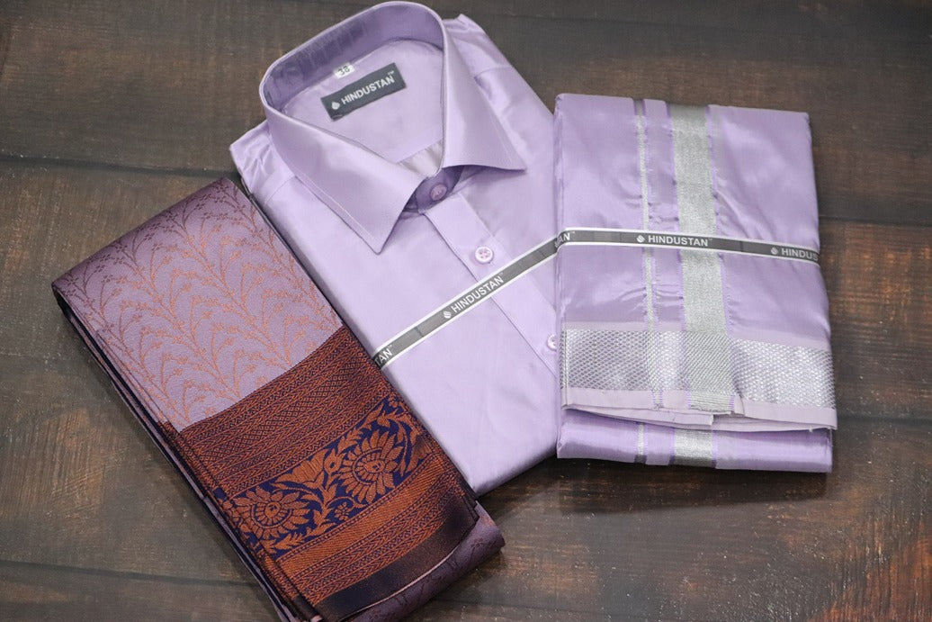 Raja Rani Artsilk Readymade Ultra Violet Shirt +70k Silver Border Matching Set & Saree Combo