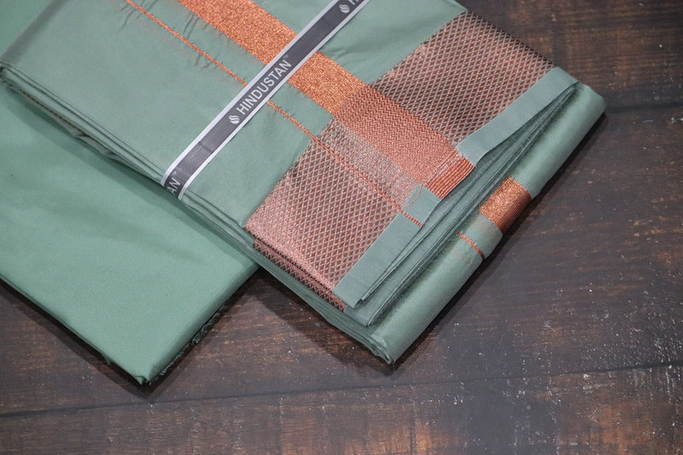 Artsilk Hunter Green Shirt Material+ 100k Dhoti with Copper Border