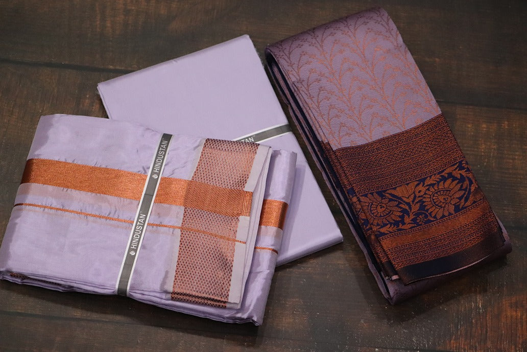 Raja Rani Artsilk Ultra Violet Shirt Material+100k Copper Border & Saree Combo