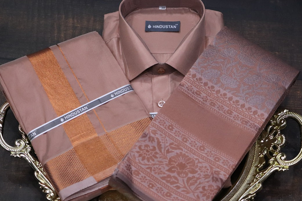 Raja Rani Artsilk Readymade Copper Shirt+100k Copper Border Matching Set & Saree Combo