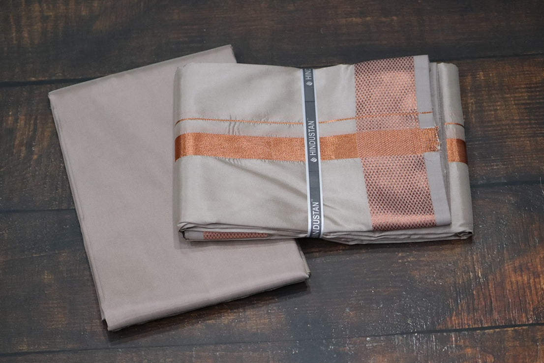 Artsilk Sandstone Shirt Material+100k Dhoti with Copper Border