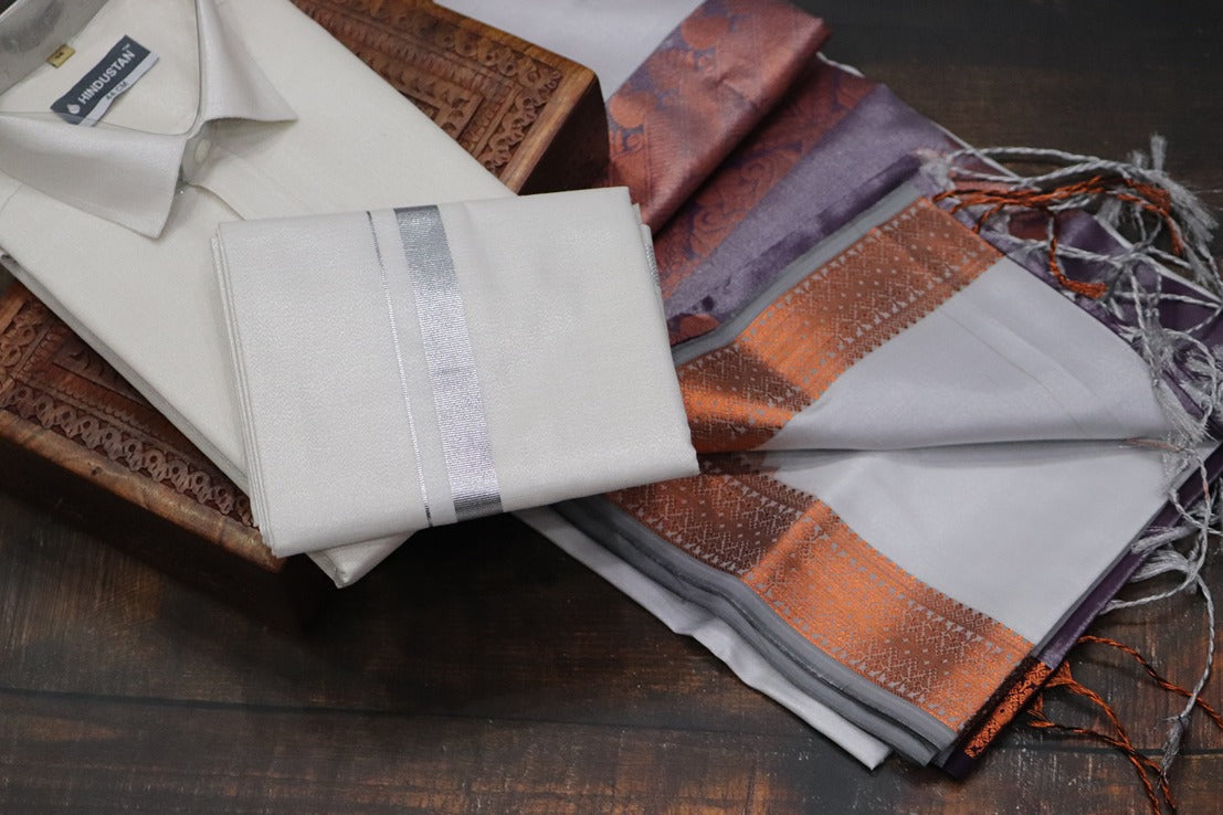 Raja Rani Readymade Tissue Silver Matching Set & Saree Combo