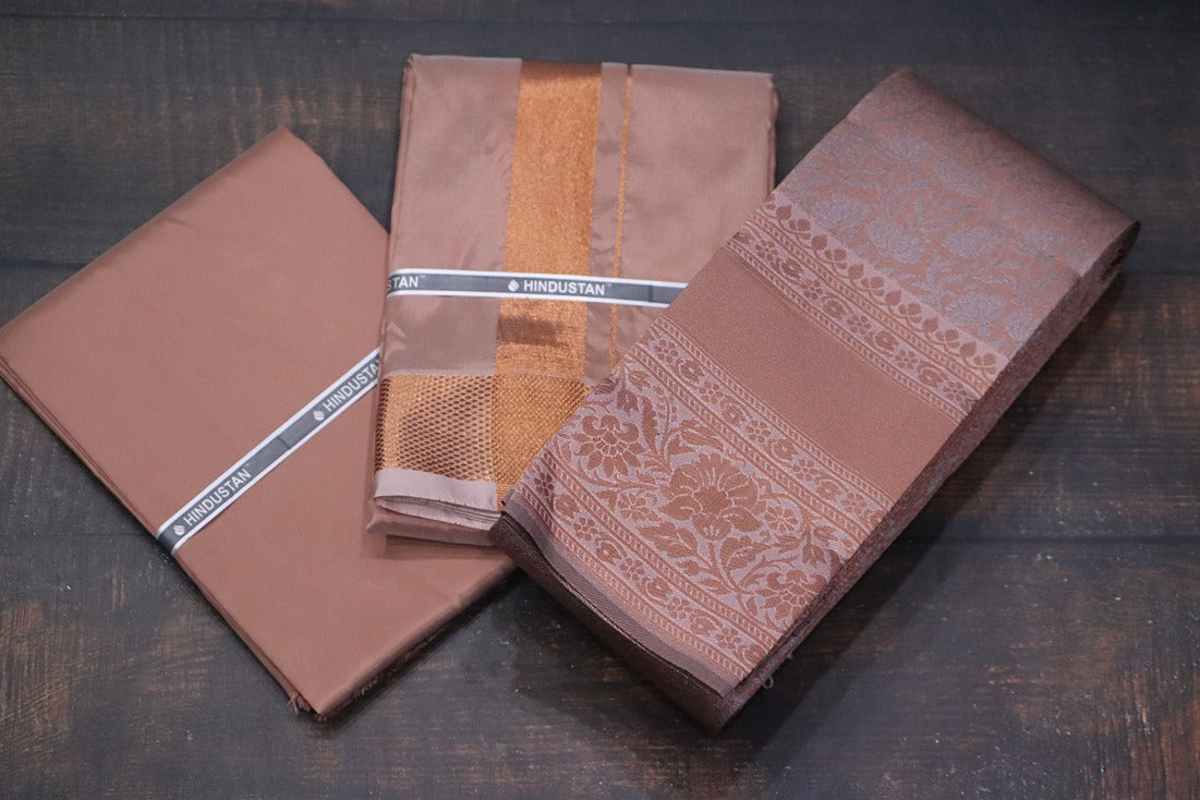 Raja Rani Artsilk Copper Shirt Material+100k Copper Border & Saree Combo
