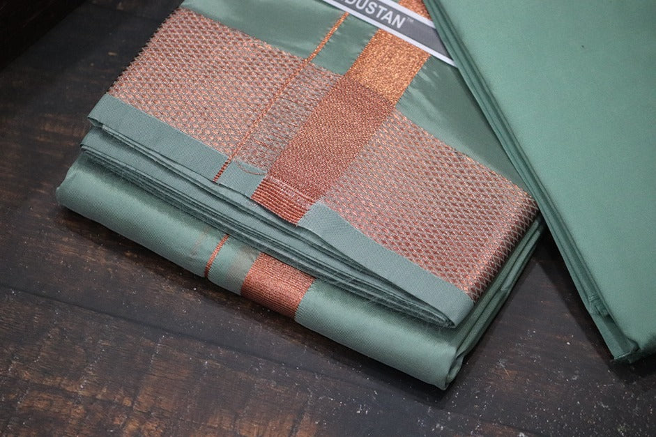 Artsilk Hunter Green Shirt Material+ 100k Dhoti with Copper Border