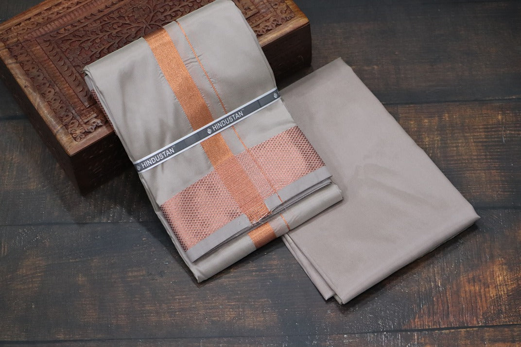 Artsilk Sandstone Shirt Material+100k Dhoti with Copper Border