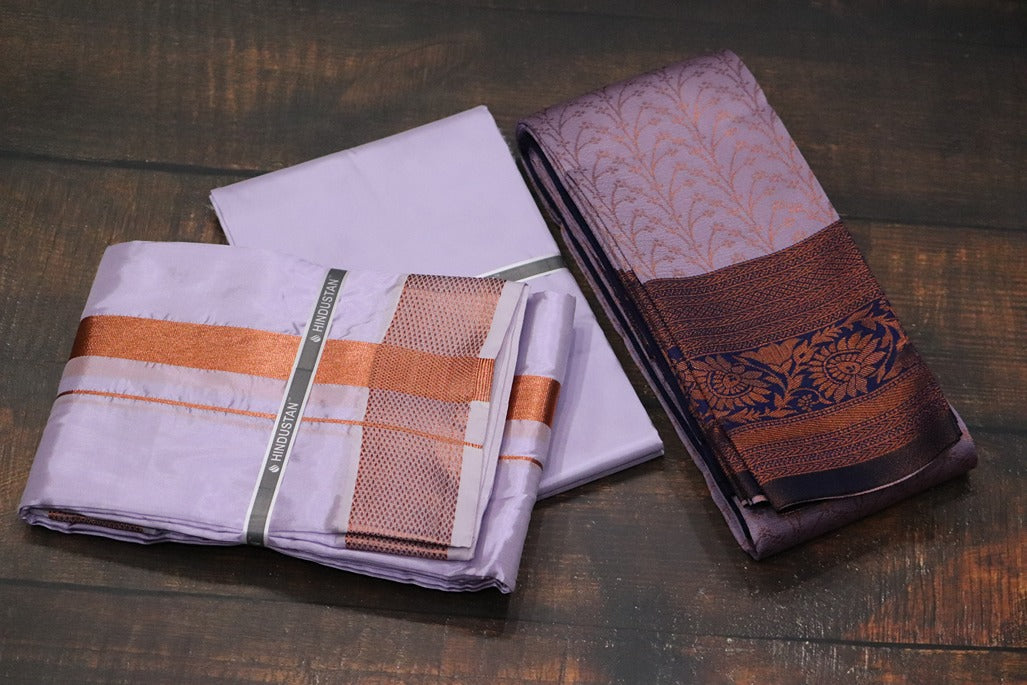 Raja Rani Artsilk Ultra Violet Shirt Material+100k Copper Border & Saree Combo