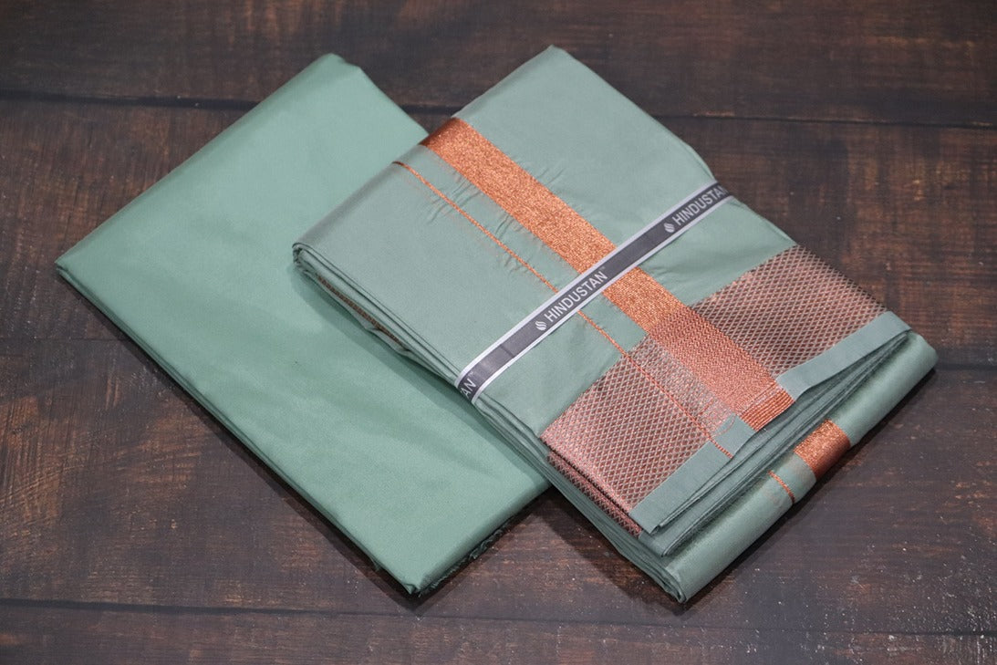 Artsilk Hunter Green Shirt Material+ 100k Dhoti with Copper Border