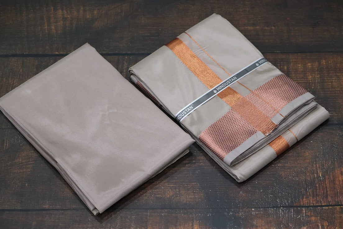 Artsilk Sandstone Shirt Material+100k Dhoti with Copper Border
