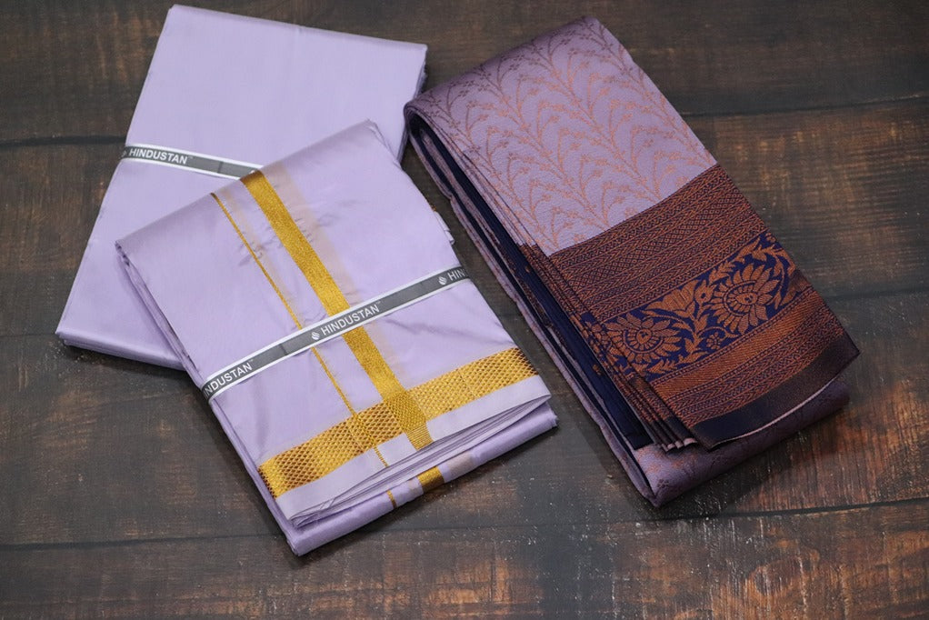 Raja Rani Artsilk Ultra Violet Shirt Material+50k Gold Border& Saree Combo