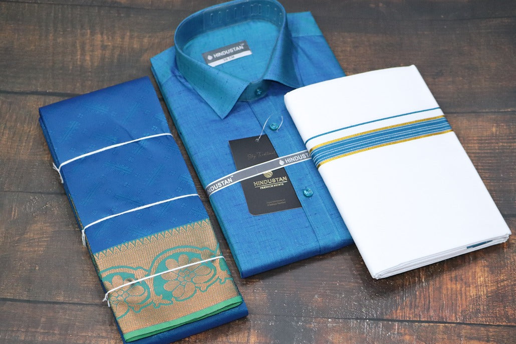Raja Rani Matching Peacock Blue Set & Saree Combo