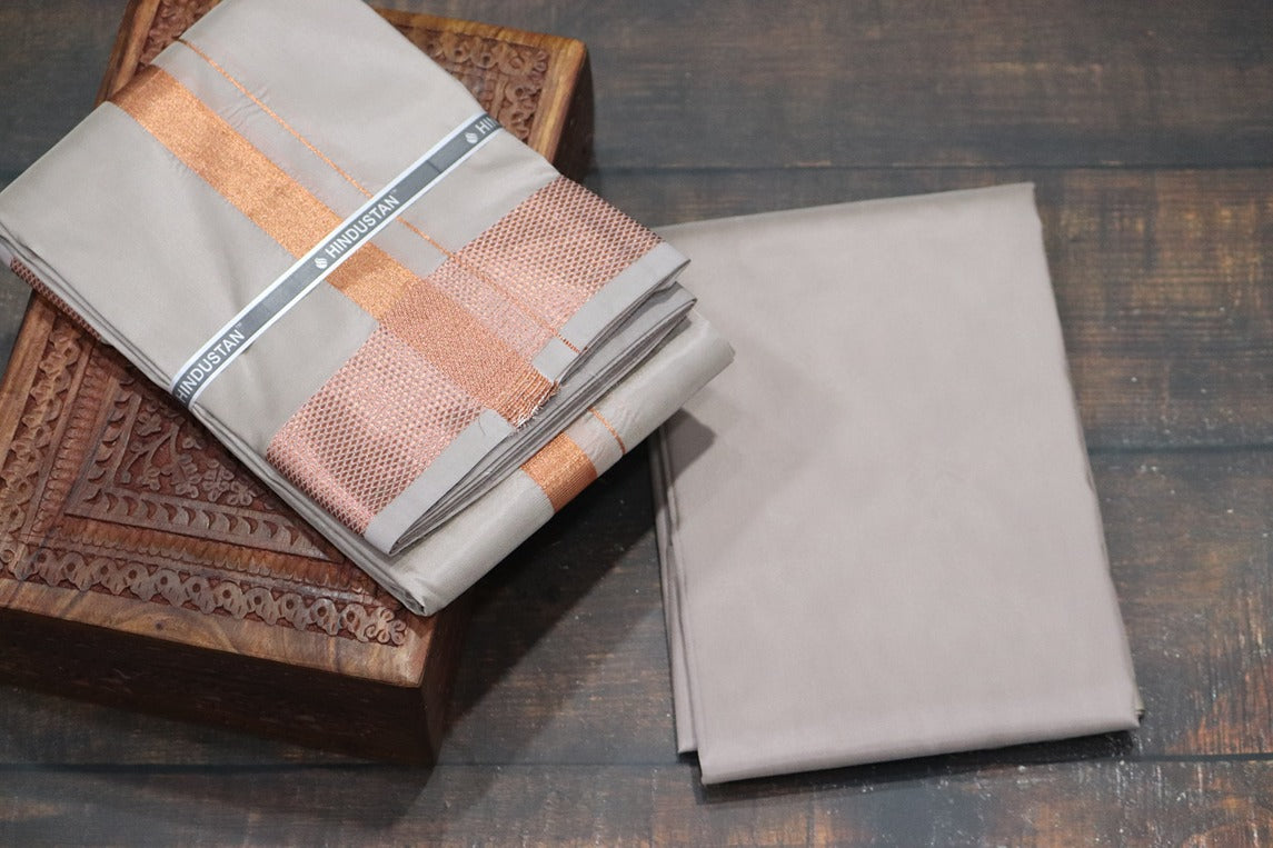 Artsilk Sandstone Shirt Material+100k Dhoti with Copper Border
