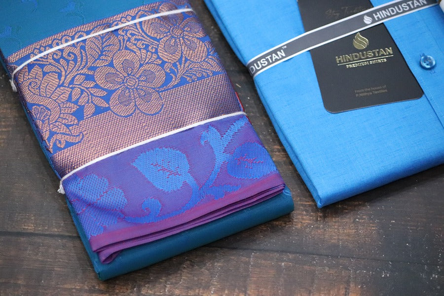 Raja Rani Marine Blue Matching Set + Saree Combo