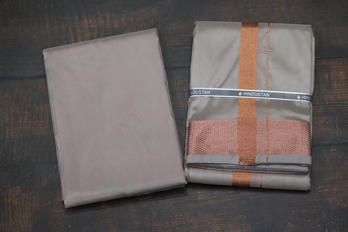 Artsilk Sandstone Shirt Material+100k Dhoti with Copper Border