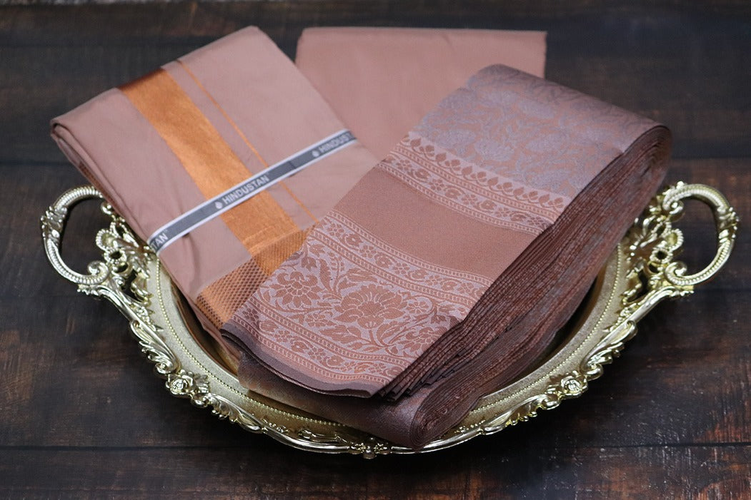 Raja Rani Artsilk Copper Shirt Material+100k Copper Border & Saree Combo
