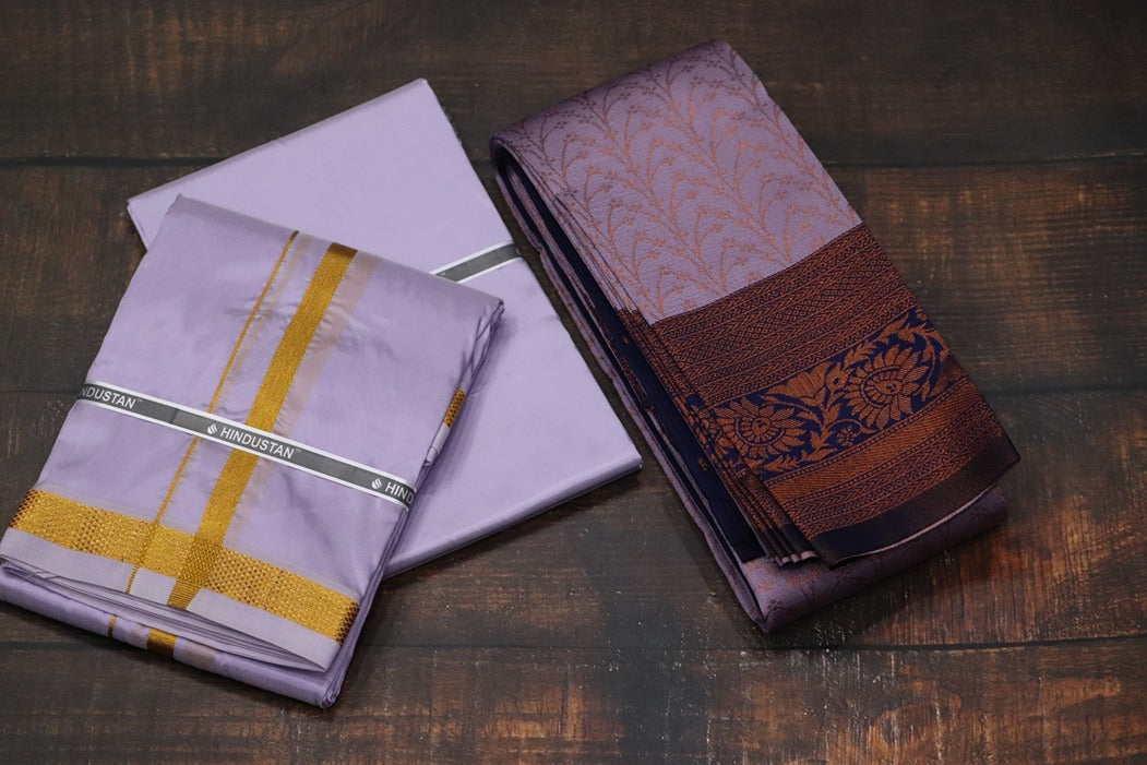 Raja Rani Artsilk Ultra Violet Shirt Material+50k Gold Border& Saree Combo
