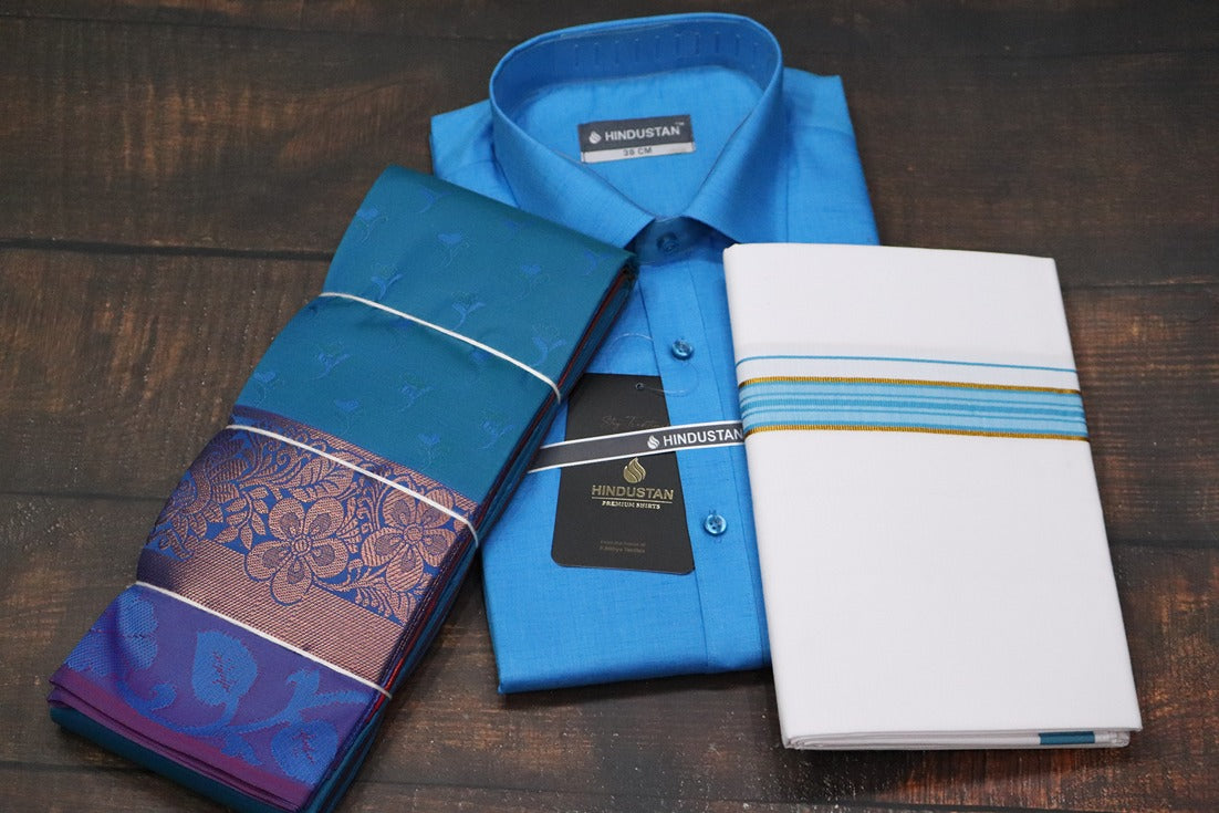 Raja Rani Marine Blue Matching Set + Saree Combo