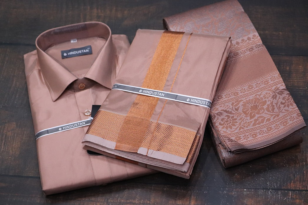 Raja Rani Artsilk Readymade Copper Shirt+100k Copper Border Matching Set & Saree Combo