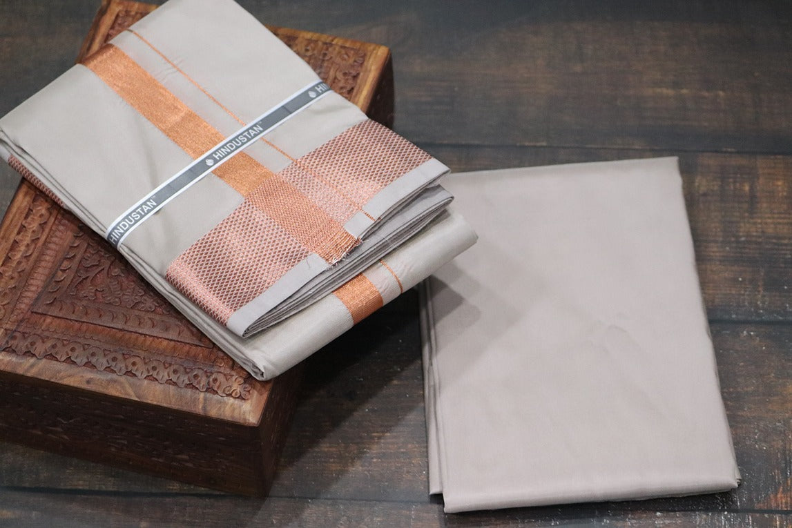 Artsilk Sandstone Shirt Material+100k Dhoti with Copper Border