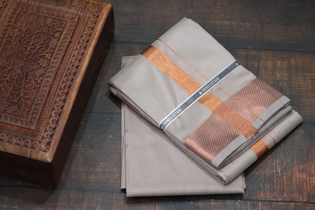 Artsilk Sandstone Shirt Material+100k Dhoti with Copper Border