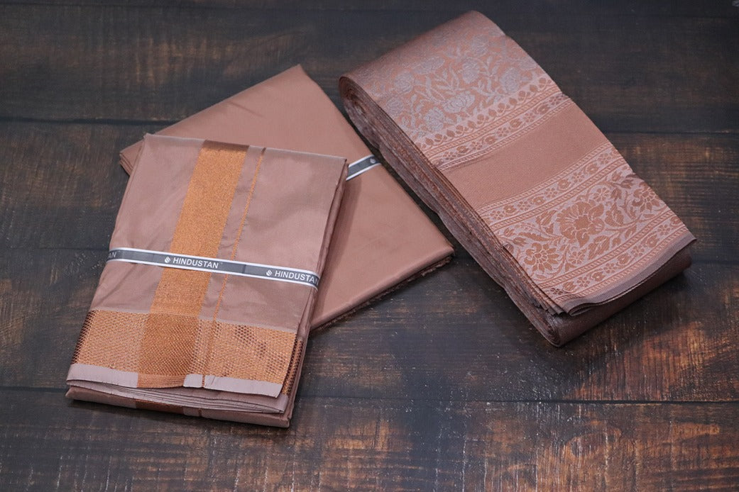 Raja Rani Artsilk Copper Shirt Material+100k Copper Border & Saree Combo