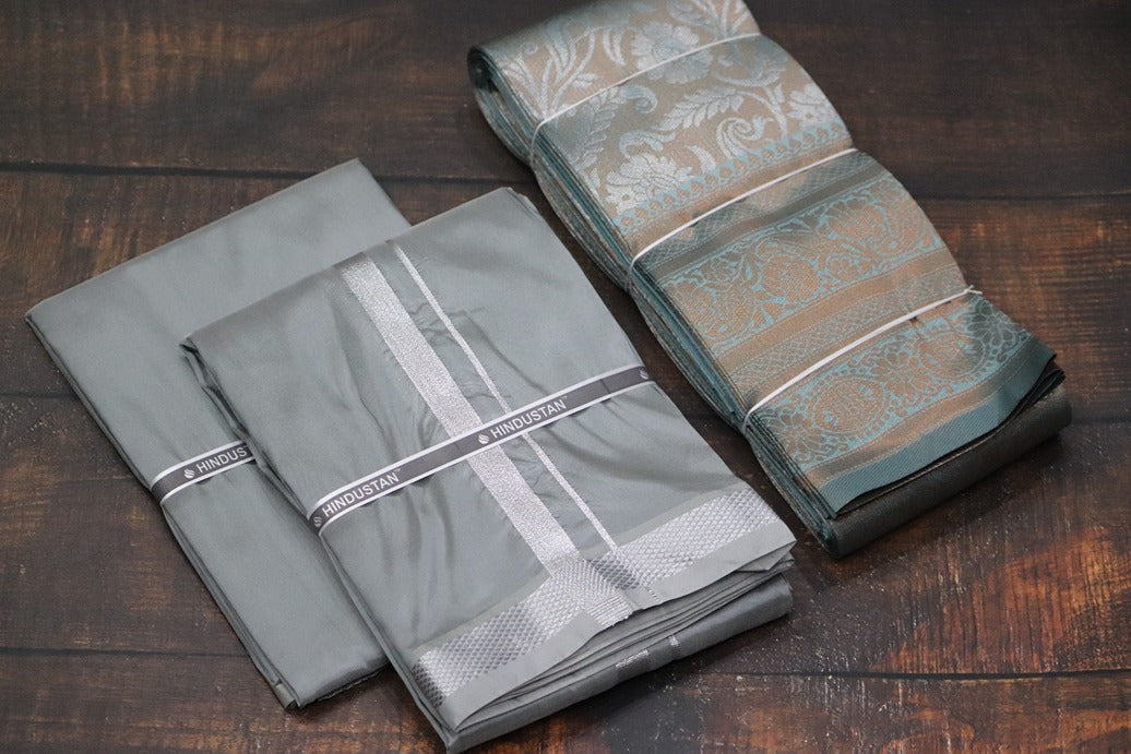 Raja Rani Artsilk Steel Grey Shirt Material+50k Silver Border & Saree Combo