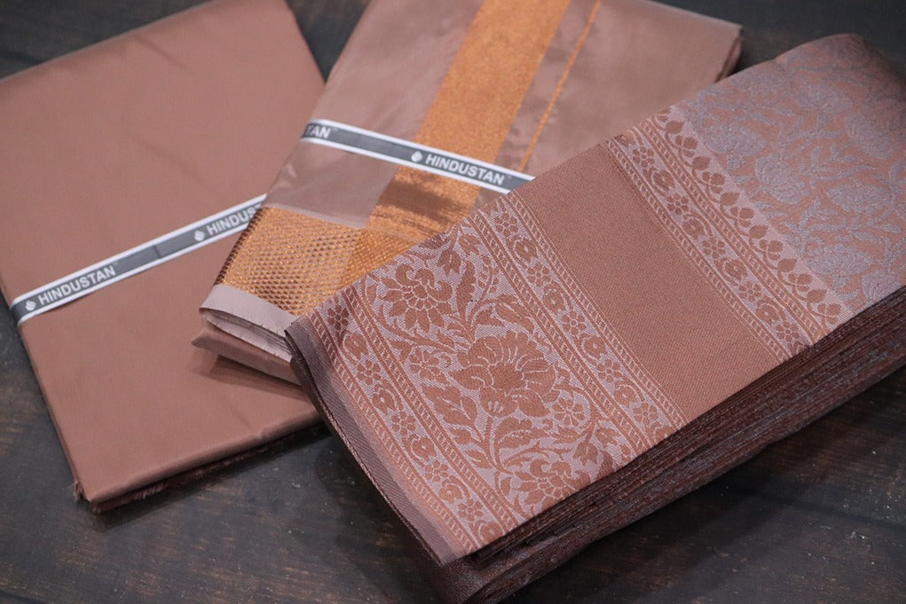 Raja Rani Artsilk Copper Shirt Material+100k Copper Border & Saree Combo