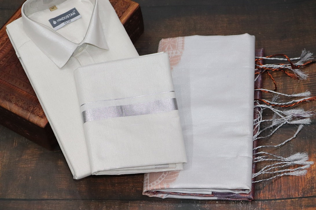 Raja Rani Readymade Tissue Silver Matching Set & Saree Combo