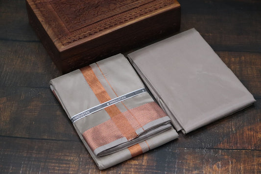 Artsilk Sandstone Shirt Material+100k Dhoti with Copper Border