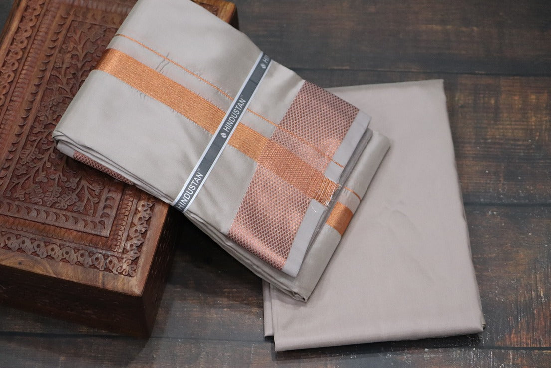 Artsilk Sandstone Shirt Material+100k Dhoti with Copper Border