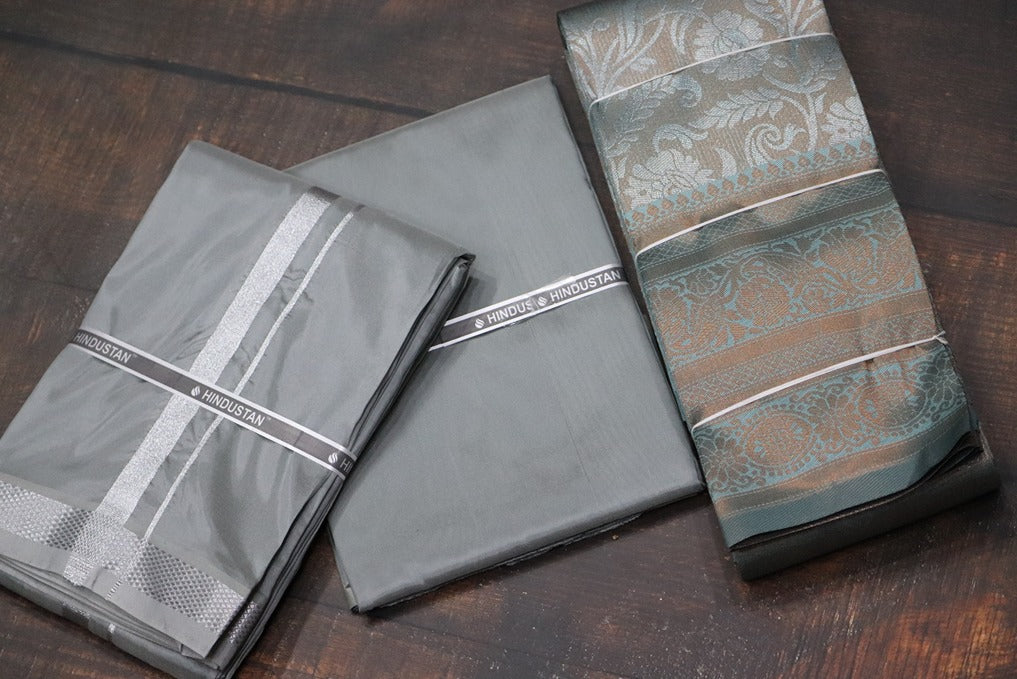 Raja Rani Artsilk Steel Grey Shirt Material+50k Silver Border & Saree Combo