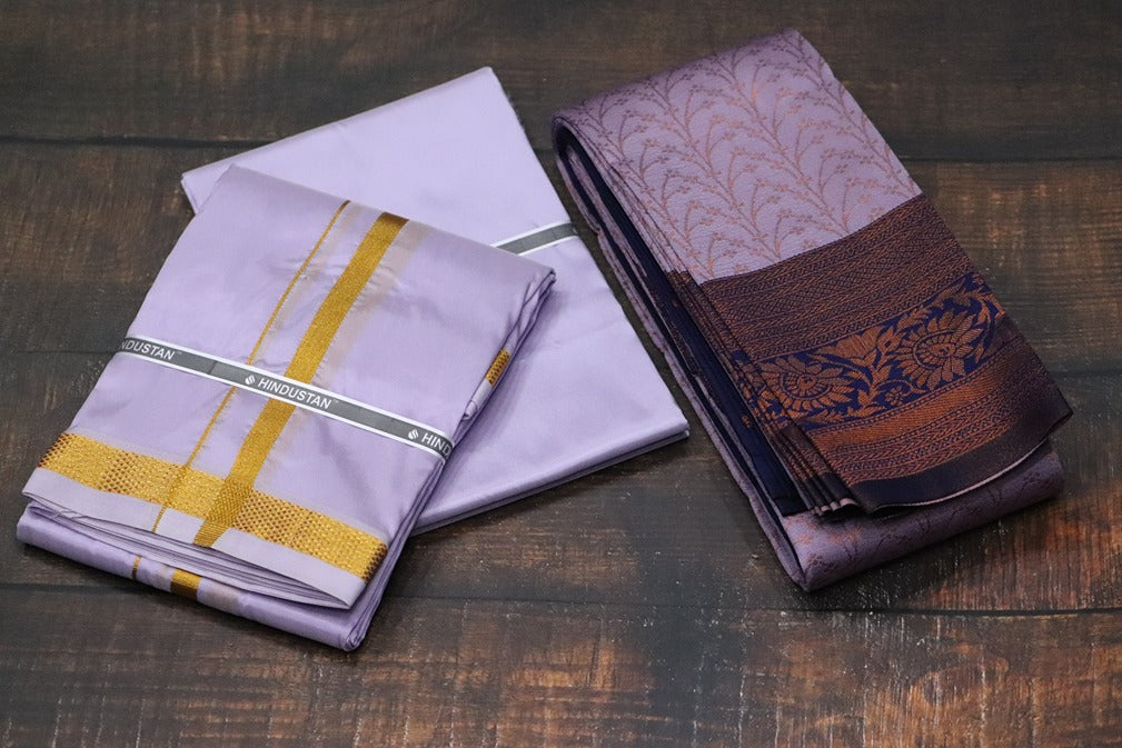 Raja Rani Artsilk Ultra Violet Shirt Material+50k Gold Border& Saree Combo