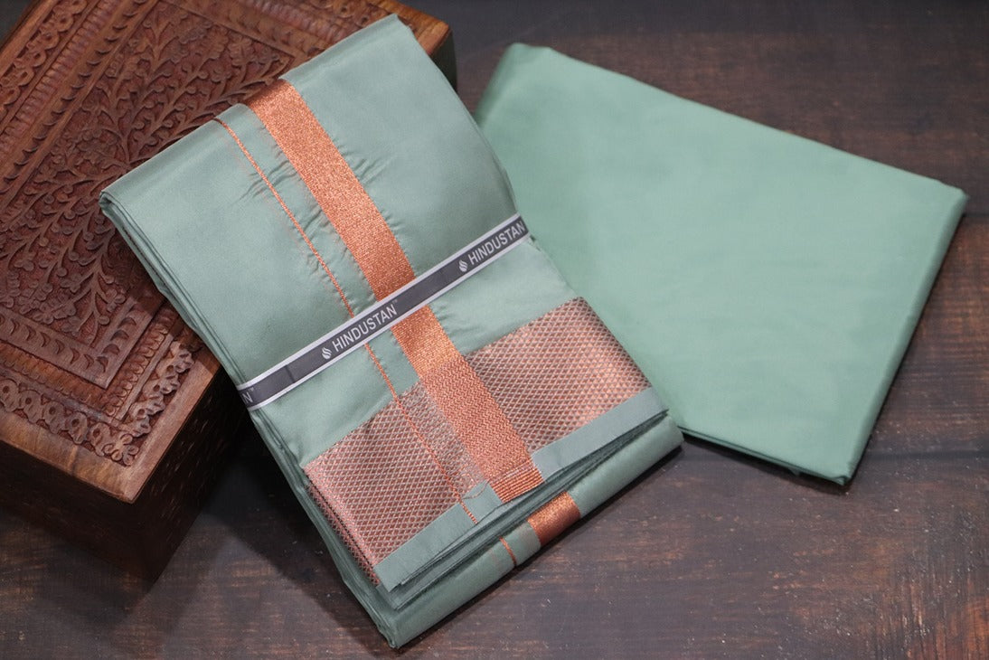 Artsilk Hunter Green Shirt Material+ 100k Dhoti with Copper Border