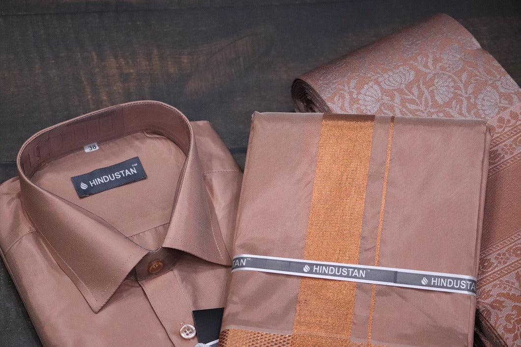 Raja Rani Artsilk Readymade Copper Shirt+100k Copper Border Matching Set & Saree Combo