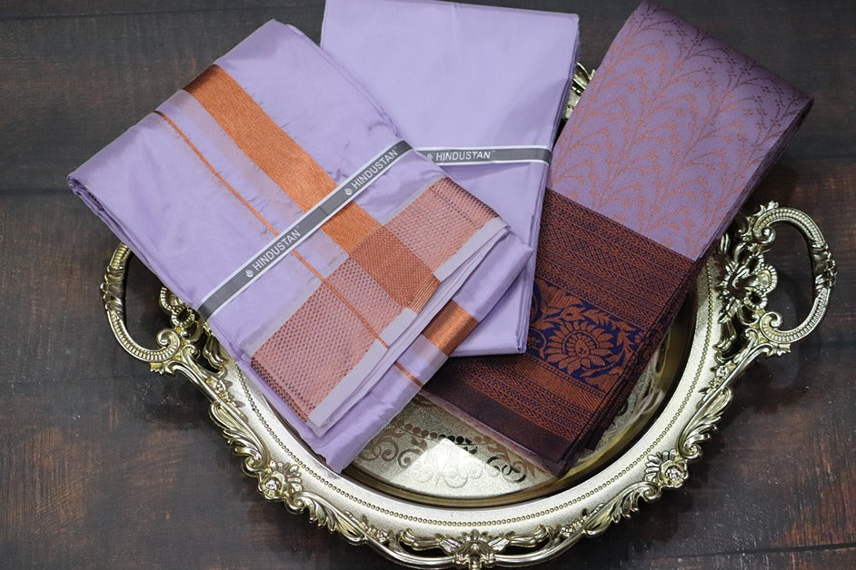 Raja Rani Artsilk Ultra Violet Shirt Material+100k Copper Border & Saree Combo