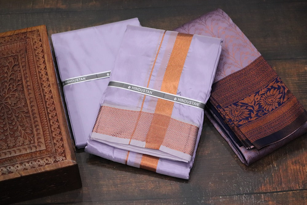 Raja Rani Artsilk Ultra Violet Shirt Material+100k Copper Border & Saree Combo