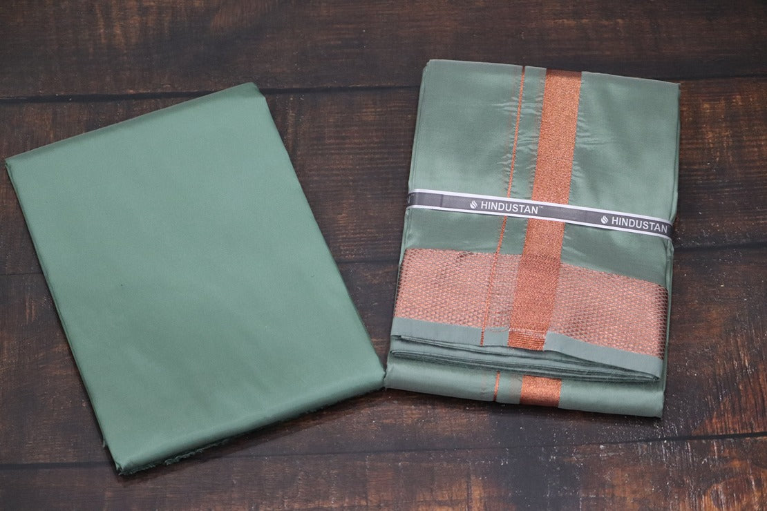 Artsilk Hunter Green Shirt Material+ 100k Dhoti with Copper Border