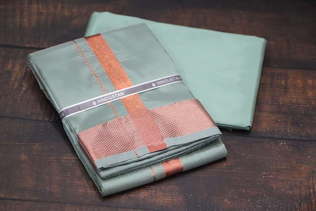Artsilk Hunter Green Shirt Material+ 100k Dhoti with Copper Border