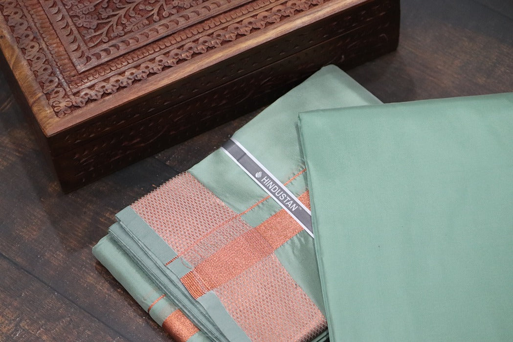 Artsilk Hunter Green Shirt Material+ 100k Dhoti with Copper Border