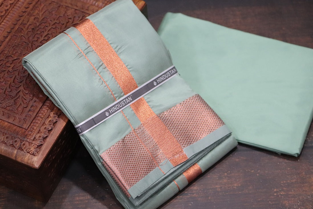 Artsilk Hunter Green Shirt Material+ 100k Dhoti with Copper Border