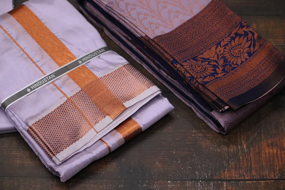 Raja Rani Artsilk Ultra Violet Shirt Material+100k Copper Border & Saree Combo
