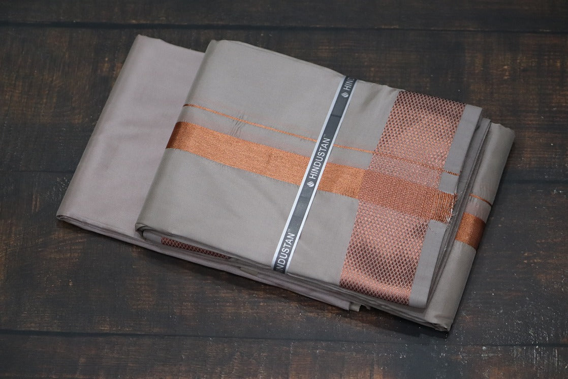 Artsilk Sandstone Shirt Material+100k Dhoti with Copper Border