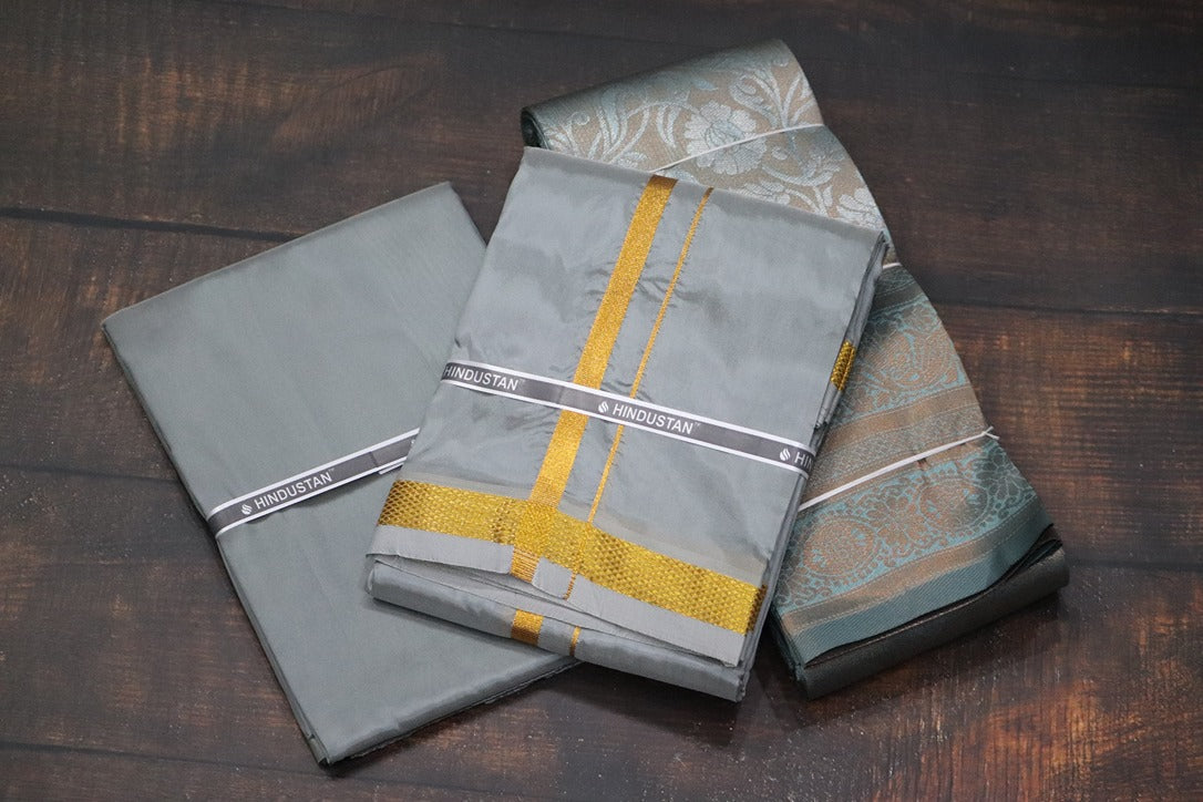 Raja Rani Artsilk Steel Grey Shirt Material+50k Gold Border & Saree Combo