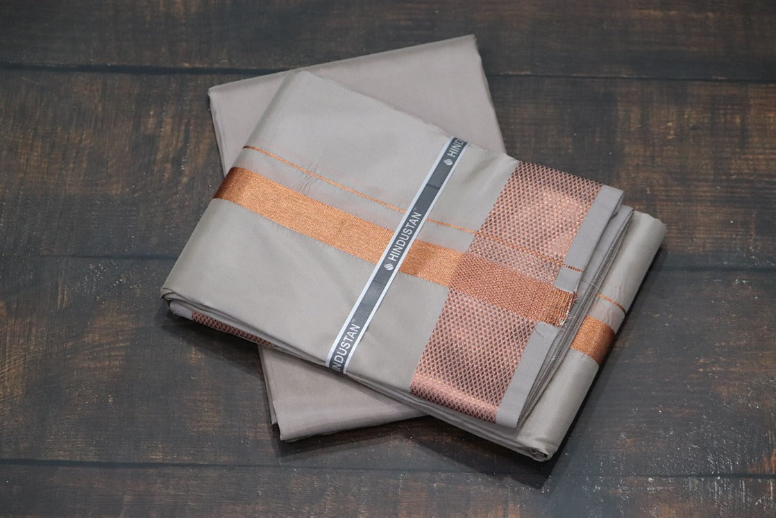 Artsilk Sandstone Shirt Material+100k Dhoti with Copper Border