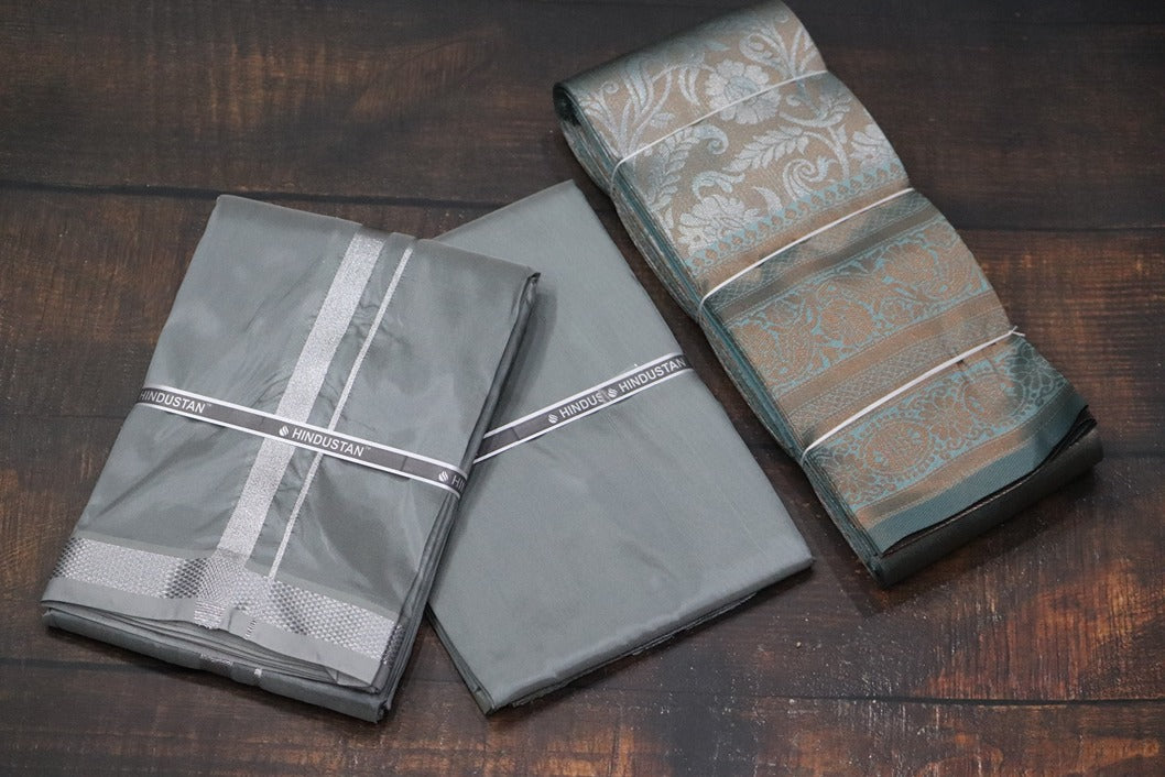 Raja Rani Artsilk Steel Grey Shirt Material+50k Silver Border & Saree Combo
