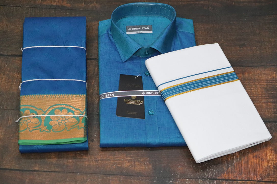 Raja Rani Matching Peacock Blue Set & Saree Combo