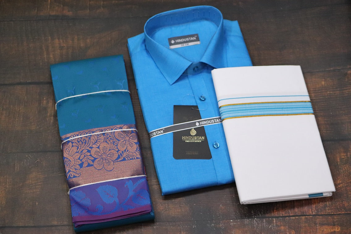 Raja Rani Marine Blue Matching Set + Saree Combo