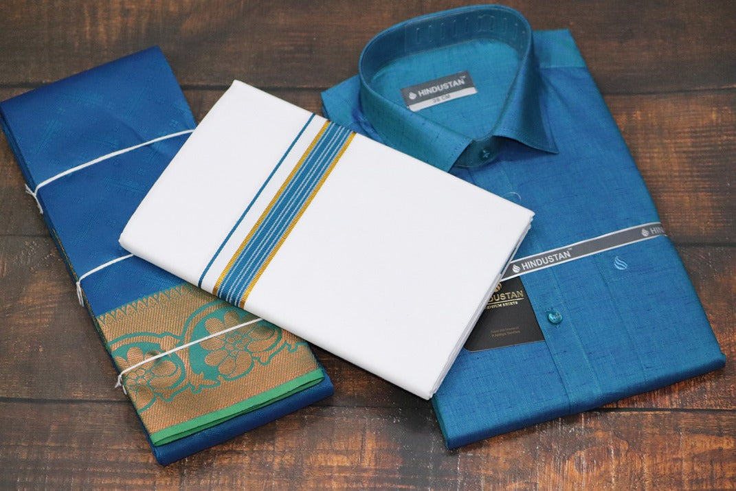 Raja Rani Matching Peacock Blue Set & Saree Combo