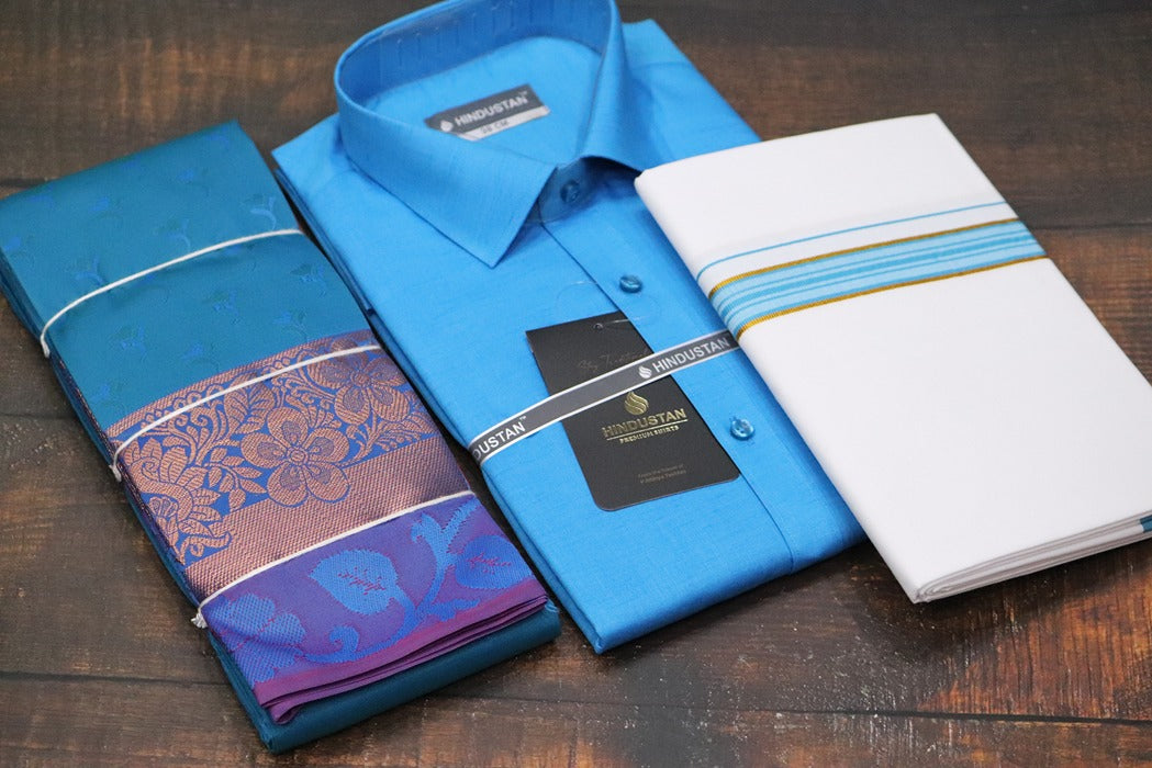 Raja Rani Marine Blue Matching Set + Saree Combo